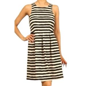 THML Anthro Versatile Beige Black Stripe Sleeveless pleated Fit & Flare Dress